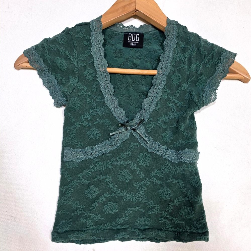 BDG Urban Outfitters Lace Trim Top Womens XS/S Green Floral Knit Coquette Y2K